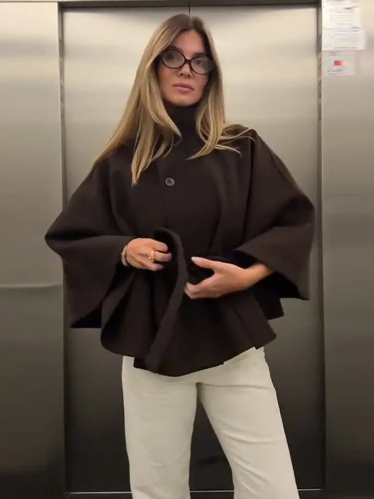 Faux Fur Cloak Jackets Women Loose StandNeck Three Button Wide Sleeves Belt Coats Female 2025 Autumn Solid Chic Fashion Outwears