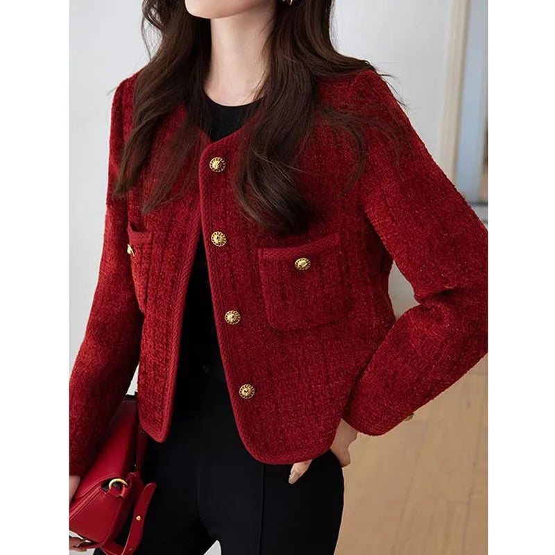 Lucyever Wine Red Tweed Coats Female 2025 Autumn Winter New Fashion Temperament Short Jacket Korean All-Match O-Neck Outerwear