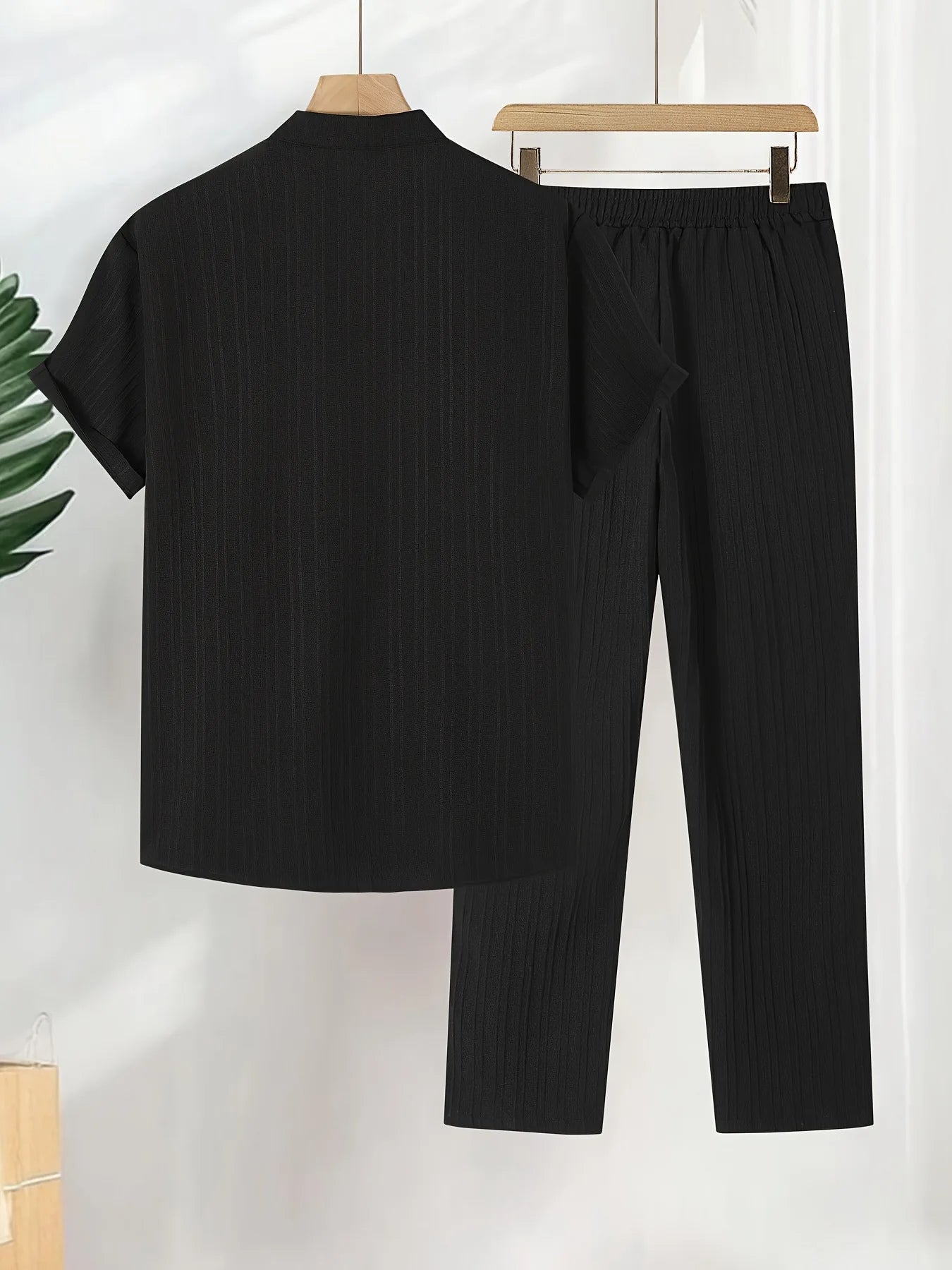 Men's Two Pieces Casual Outfit Loungewear Solid Color Textured Short Sleeve Button Down Shirt and Long Drawstring Pants
