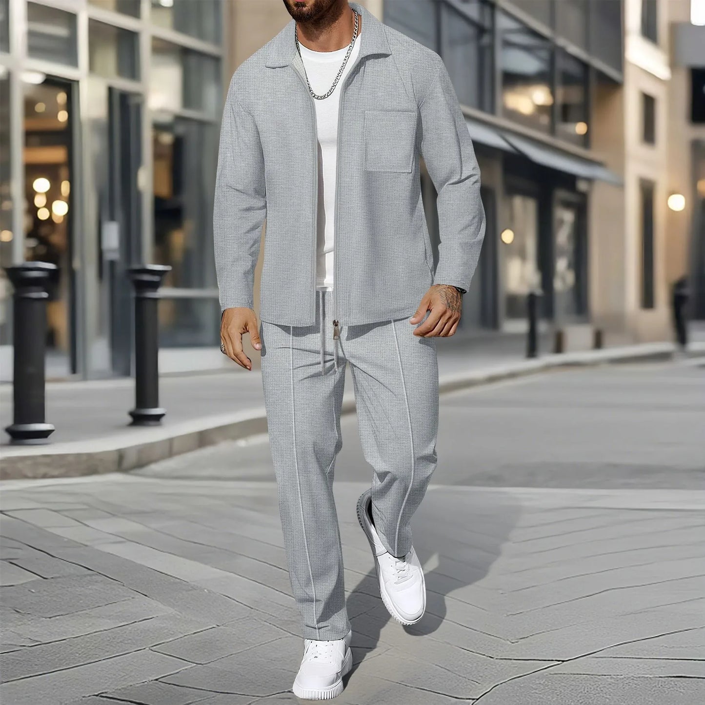 Men's autumn and winter waffle-pattern solid color zipped front pocket lapel fitted cardigan jacket set