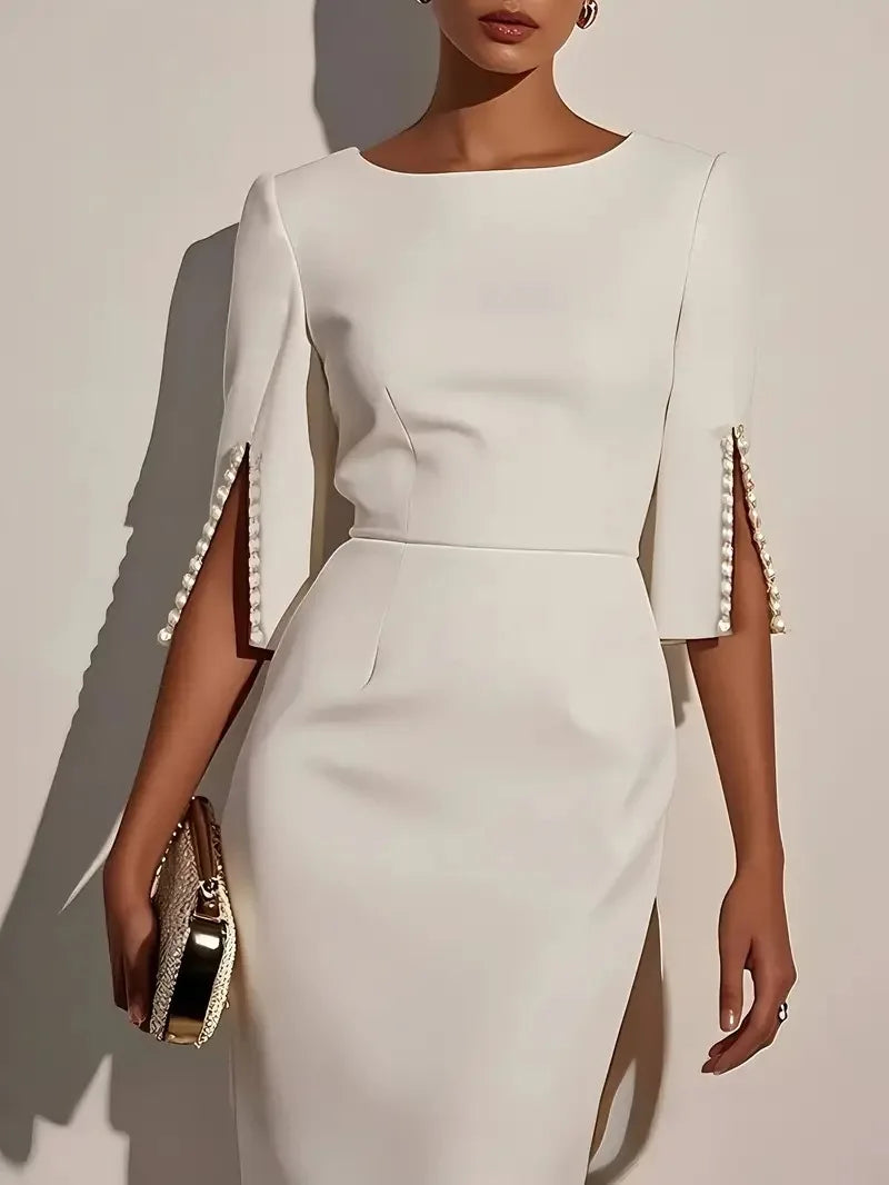 Women's Fashionable Solid Color Office Lady Half Sleeve Nail Bead Dress Women Round Neck Slim and Elegant Dress