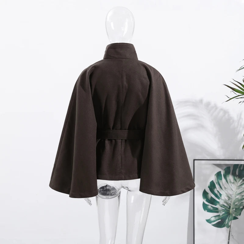 Faux Fur Cloak Jackets Women Loose StandNeck Three Button Wide Sleeves Belt Coats Female 2025 Autumn Solid Chic Fashion Outwears