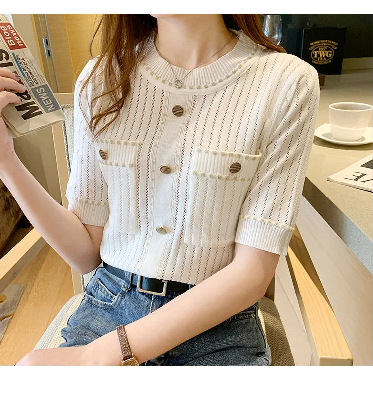 White Tshirt Women Summer 2024 Short Sleeve Top Ladies Pockets Basic T Shirts Knitted Casual Clothes Tee Shirt Femme
