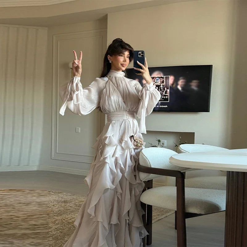 2025 New Sexy Party Dress Lace Up Long Sleeve Slim Fit A Line Maxi Shiny Ruffles Hem Clubwear Evening Gowns Summer Beach