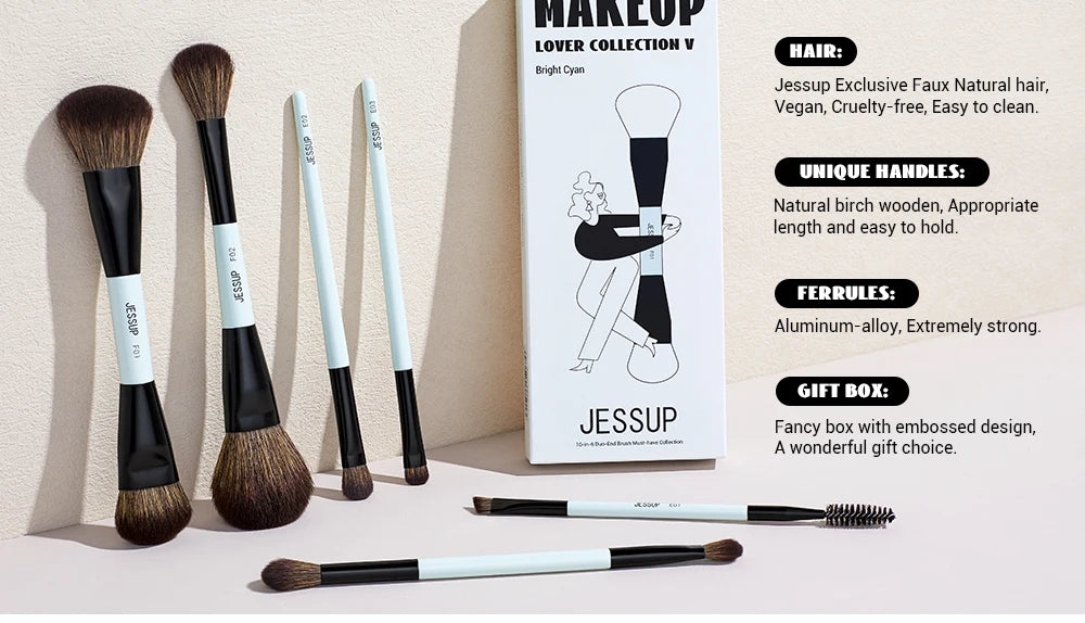 Jessup Makeup Brush Set Double Sided Makeup Brushes Foundation Contour Blush Blending Eyebrow Shadow,Fiber Bright Cyan T501