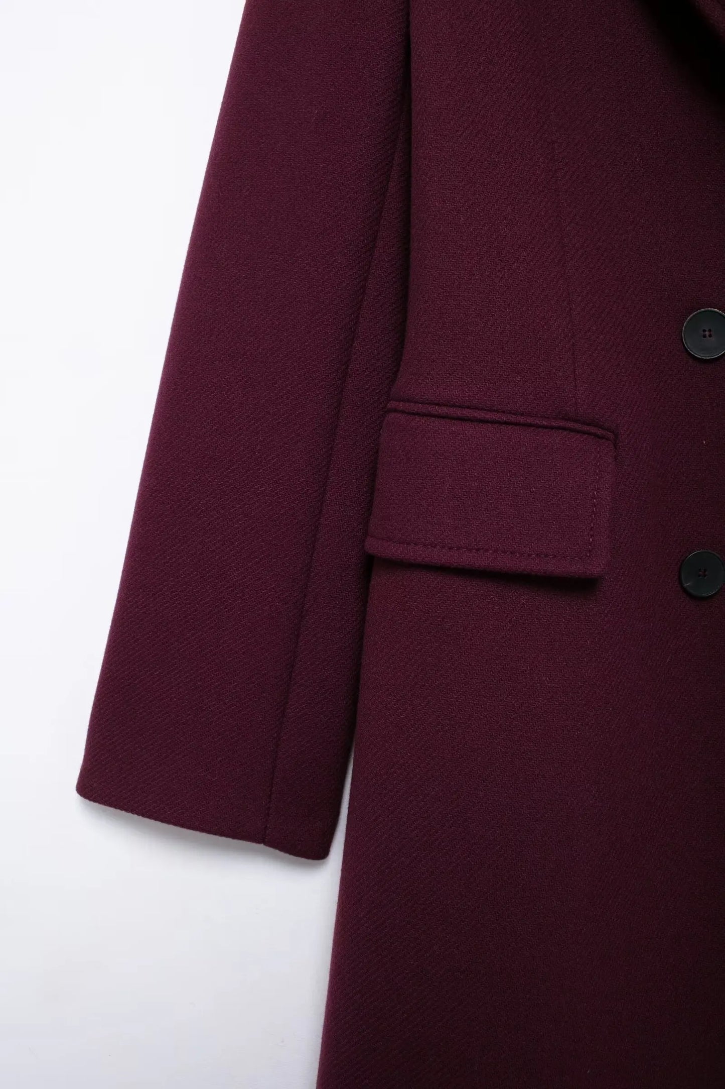 TRAFZA Women Fashion Burgundy Woolen Coat Double Breasted Long Sleeve Lapel Blends Jacket Autumn Winter High Street Outerwear