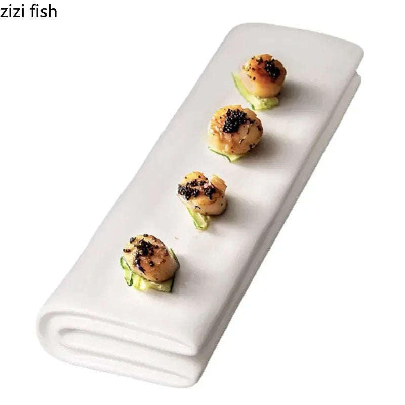 Solid Color Ceramic Folding Long Plate Restaurant Sushi Plate Dessert Plate Snack Plates Molecular Cuisine Specialty Tableware
