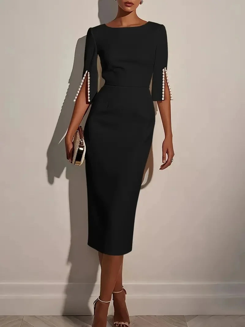 Women's Fashionable Solid Color Office Lady Half Sleeve Nail Bead Dress Women Round Neck Slim and Elegant Dress