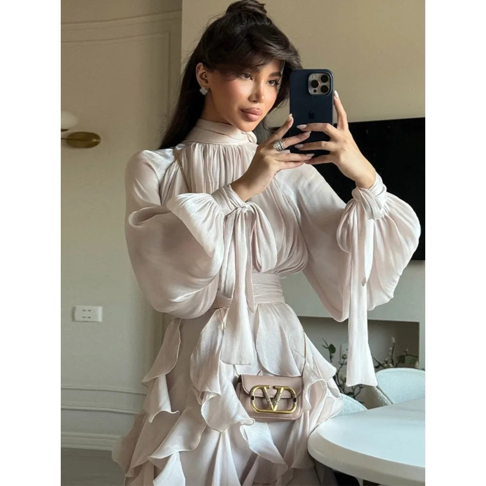 2025 New Sexy Party Dress Lace Up Long Sleeve Slim Fit A Line Maxi Shiny Ruffles Hem Clubwear Evening Gowns Summer Beach