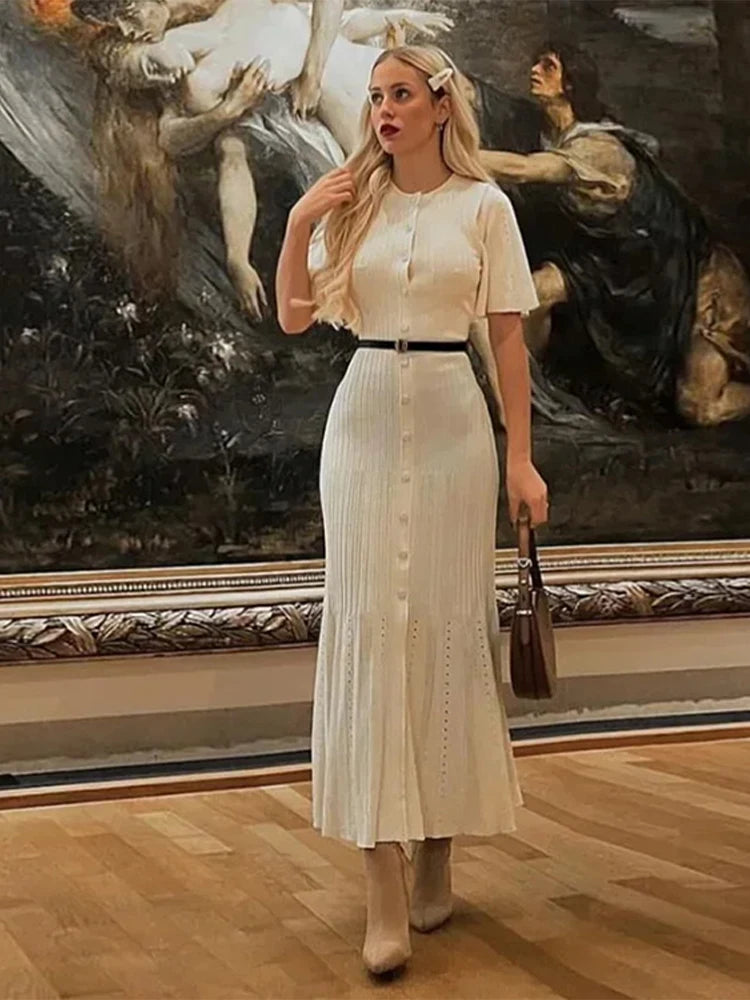 Knit Maxi Dress For Women Elegant Solid O-neck Single Breasted Short Sleeve Long Dresses Female 2025 Summer Fashion Lady Vestido