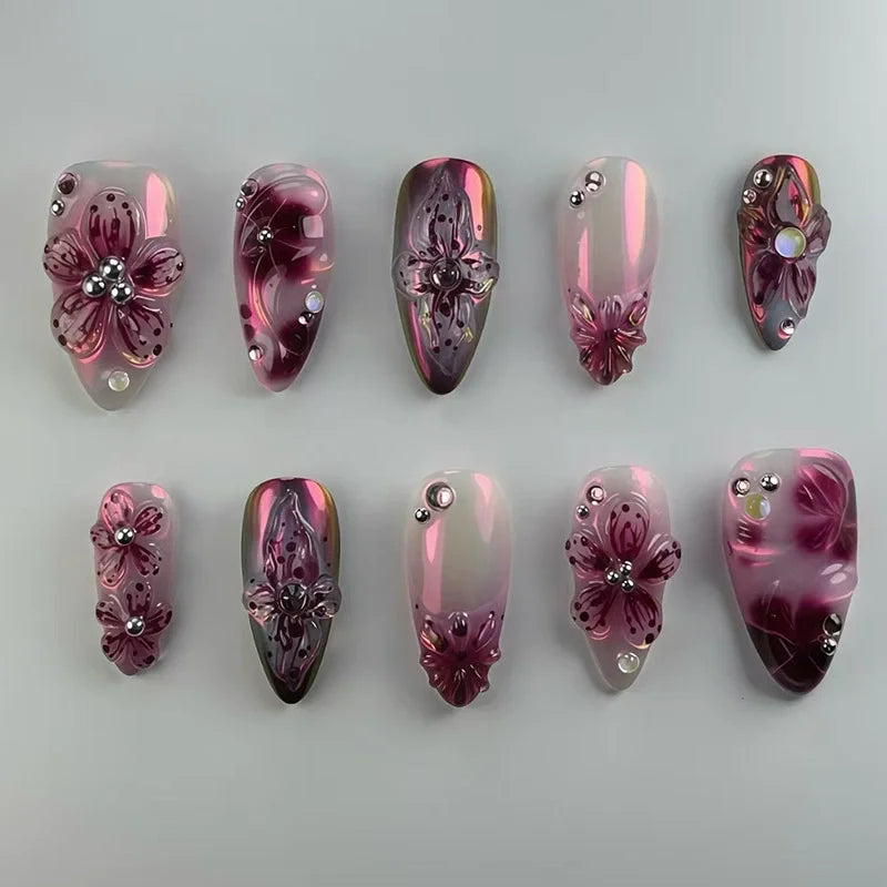 24Pcs Mid-length 3D Flowers Design Fingertips Sweet Butterfly Yellow Ripple Almond False Nails Detachable Full Cover Press Ons
