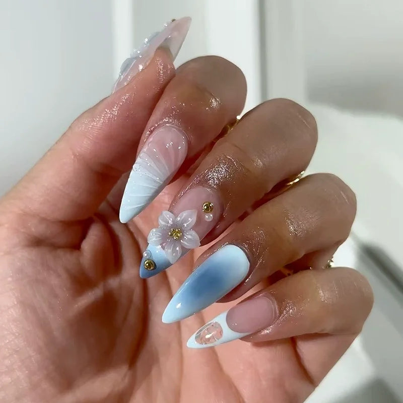 24Pcs Mid-length 3D Flowers Design Fingertips Sweet Butterfly Yellow Ripple Almond False Nails Detachable Full Cover Press Ons