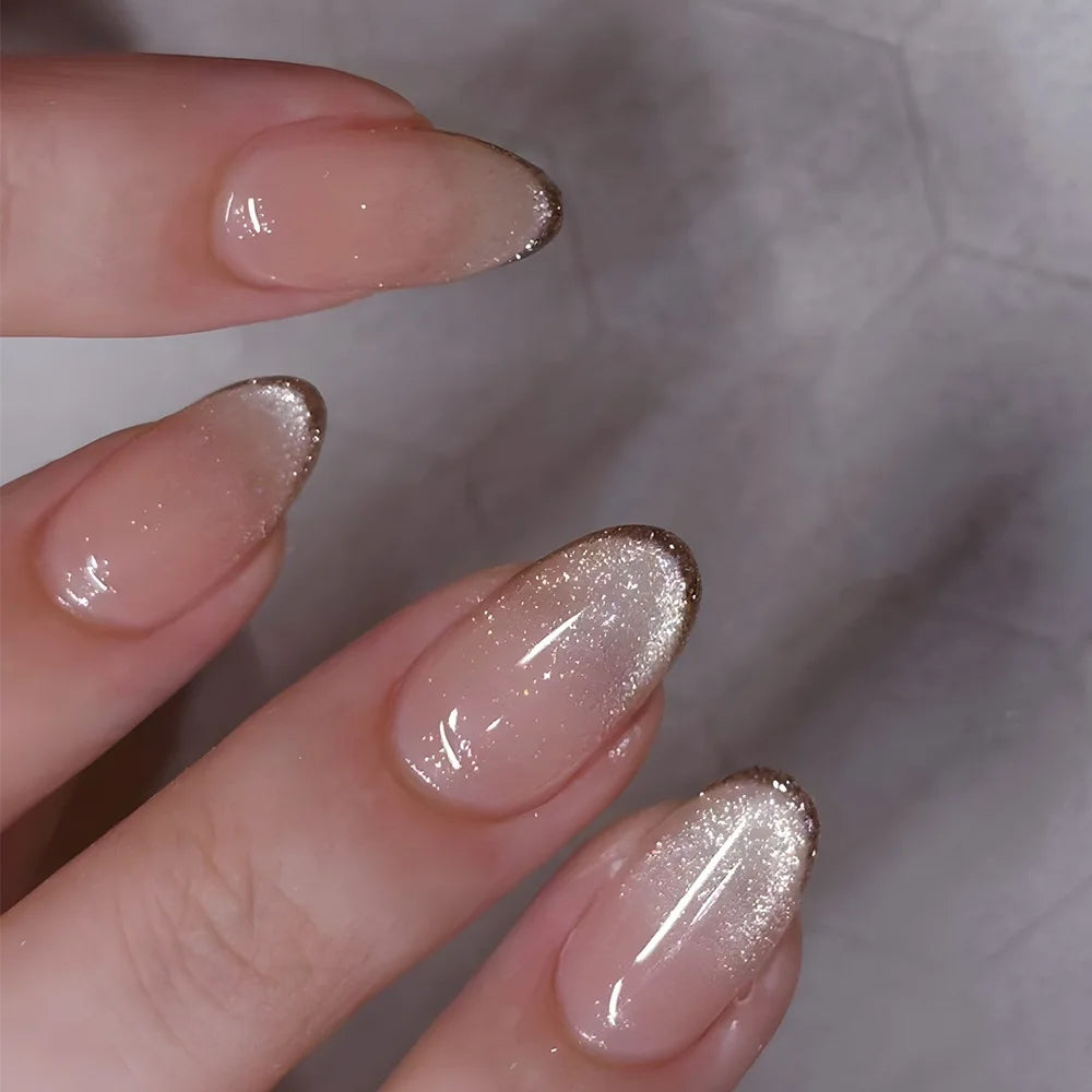 24Pcs Mid-length Almond Ballet False Nails Simple Cat Eye Design Press on Fake Nail Wearable Full Cover Nail Tips Manicure Tools
