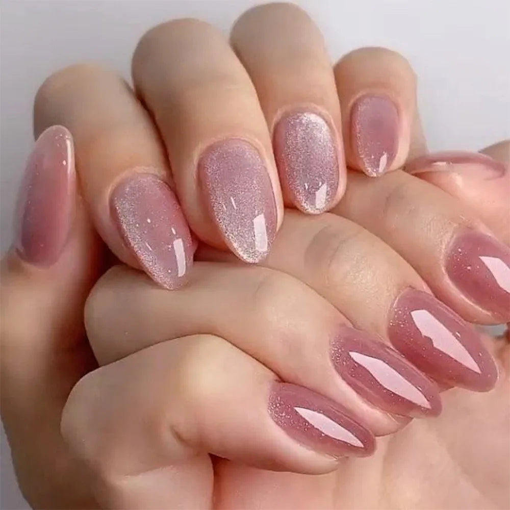 24Pcs Mid-length Almond Ballet False Nails Simple Cat Eye Design Press on Fake Nail Wearable Full Cover Nail Tips Manicure Tools