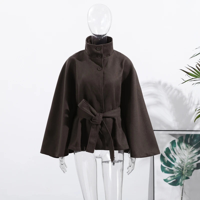 Faux Fur Cloak Jackets Women Loose StandNeck Three Button Wide Sleeves Belt Coats Female 2025 Autumn Solid Chic Fashion Outwears