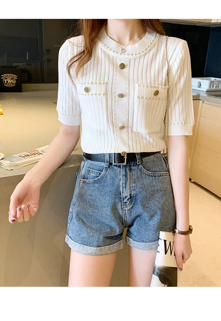 White Tshirt Women Summer 2024 Short Sleeve Top Ladies Pockets Basic T Shirts Knitted Casual Clothes Tee Shirt Femme