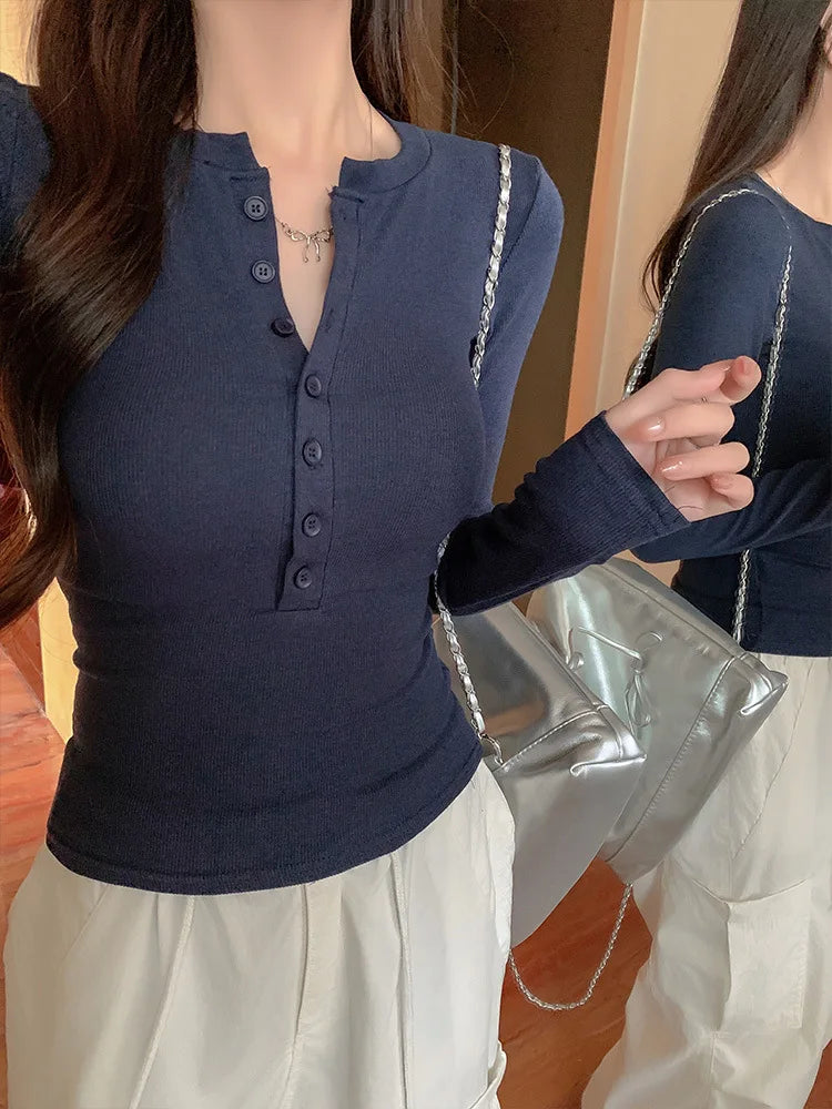 Solid Single Breasted Long Sleeve T-shirt Women Slim Fit Long Sleeve Tops 2025 Autumn Fashion Casual Basic T-shirt