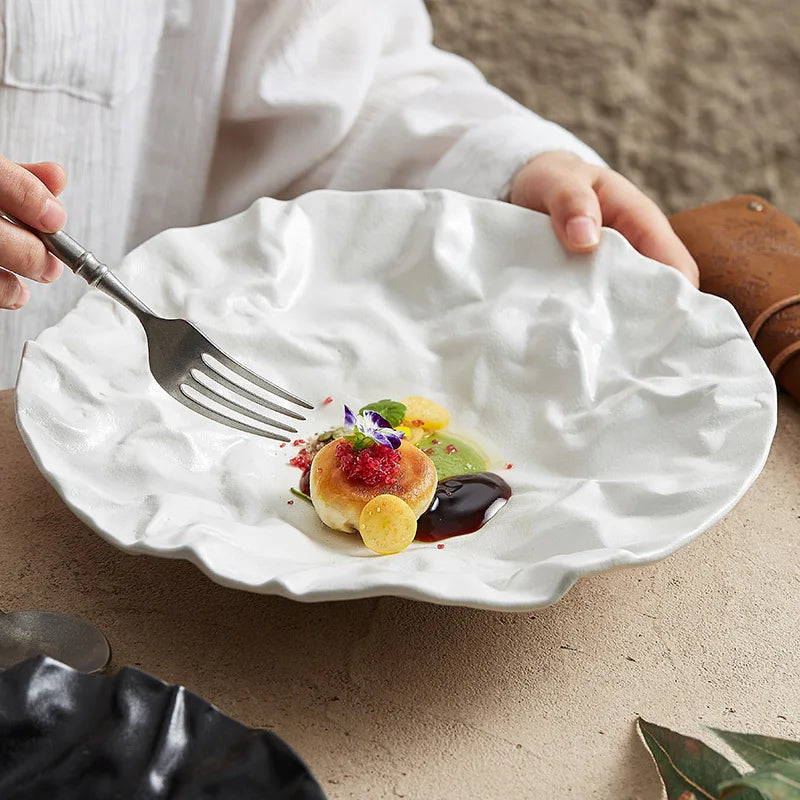 Folding deep plate, dishes, Japanese tableware, western-style salad, household ceramic high-grade tableware.