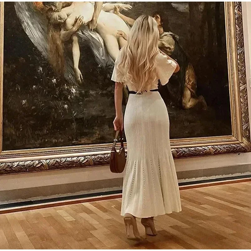 Knit Maxi Dress For Women Elegant Solid O-neck Single Breasted Short Sleeve Long Dresses Female 2025 Summer Fashion Lady Vestido