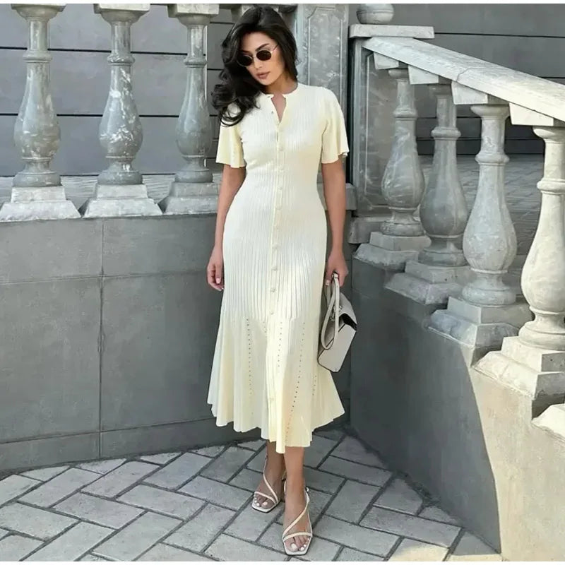 Knit Maxi Dress For Women Elegant Solid O-neck Single Breasted Short Sleeve Long Dresses Female 2025 Summer Fashion Lady Vestido
