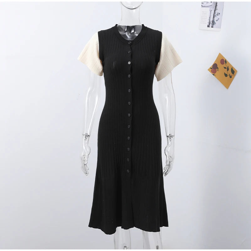 Knit Maxi Dress For Women Elegant Solid O-neck Single Breasted Short Sleeve Long Dresses Female 2025 Summer Fashion Lady Vestido
