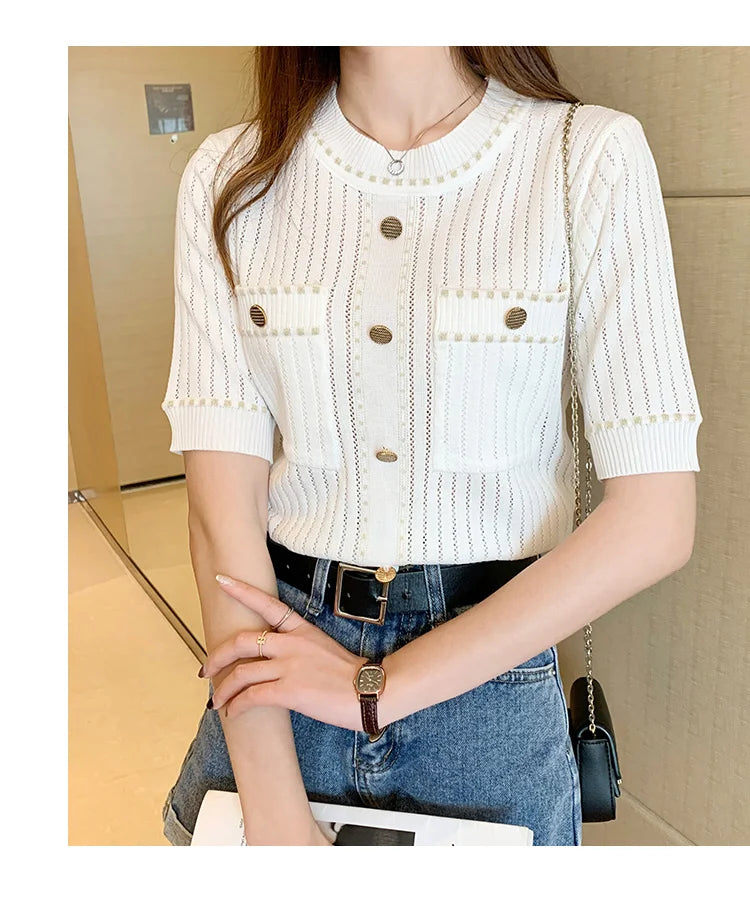 White Tshirt Women Summer 2024 Short Sleeve Top Ladies Pockets Basic T Shirts Knitted Casual Clothes Tee Shirt Femme