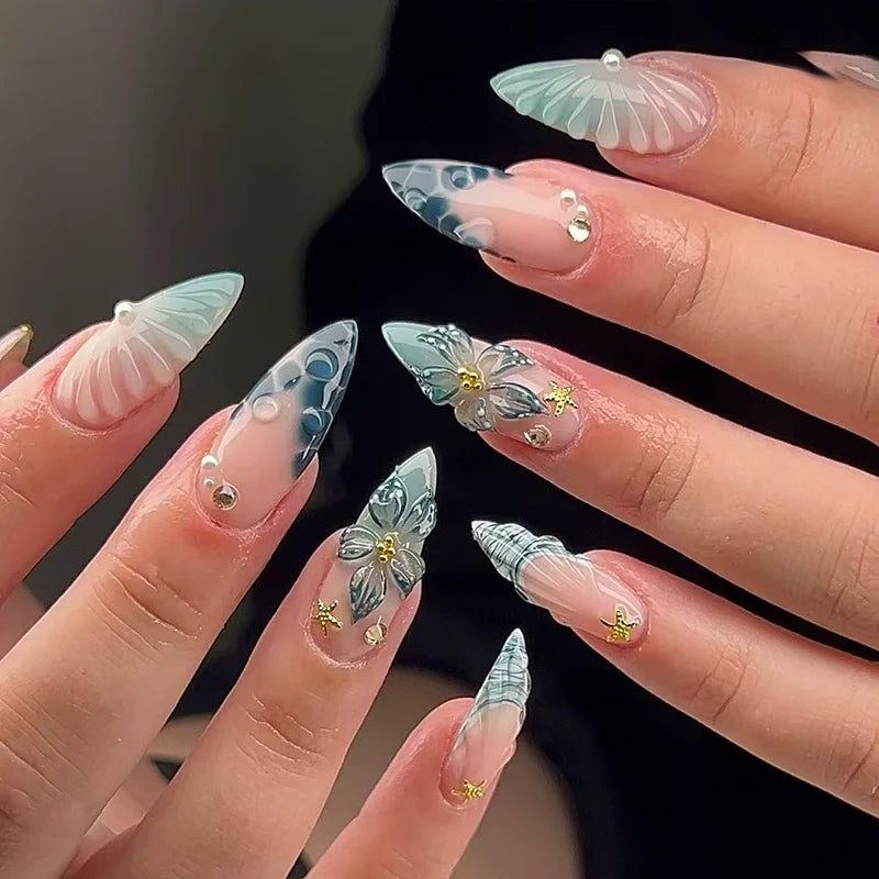 24Pcs Mid-length 3D Flowers Design Fingertips Sweet Butterfly Yellow Ripple Almond False Nails Detachable Full Cover Press Ons