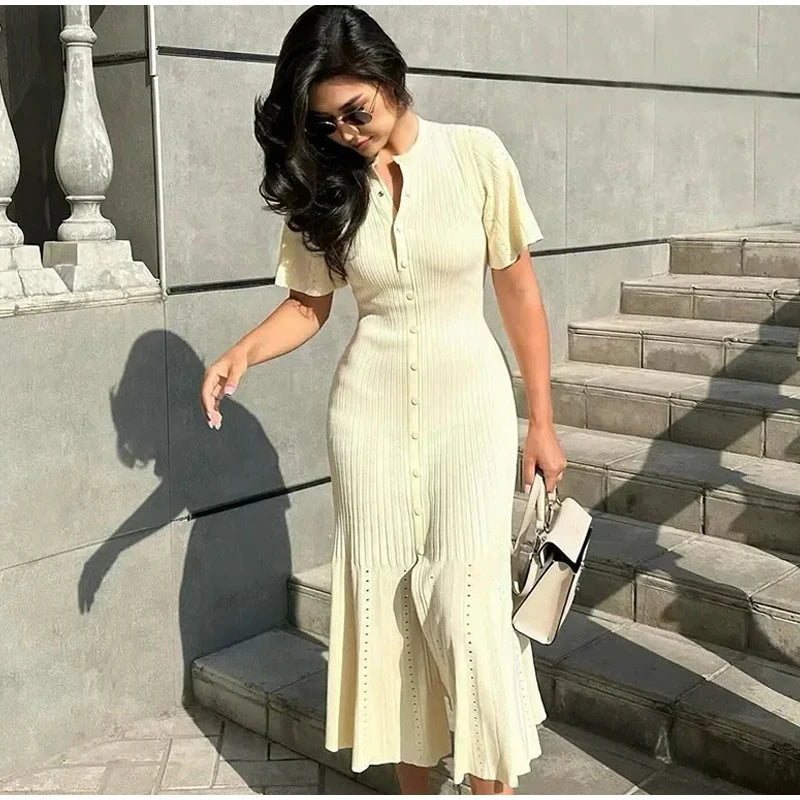 Knit Maxi Dress For Women Elegant Solid O-neck Single Breasted Short Sleeve Long Dresses Female 2025 Summer Fashion Lady Vestido