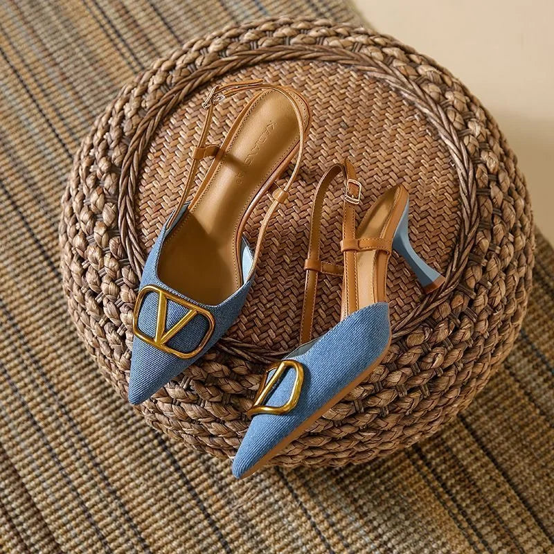 Baotou sandals female summer new 7cm fine with fashion sexy pointed head not tired feet outside wear denim high heels