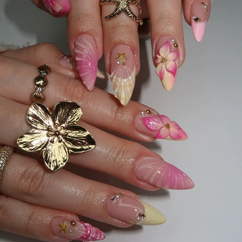 24Pcs Mid-length 3D Flowers Design Fingertips Sweet Butterfly Yellow Ripple Almond False Nails Detachable Full Cover Press Ons