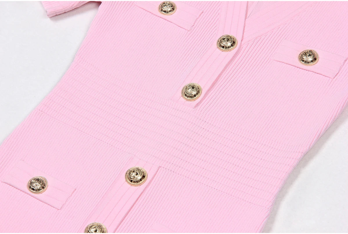 2025 Spring/Summer New Fashion Knitted Elastic Short Sleeve Solid Color Gold Button Slimming Style Commuter Women's Dress