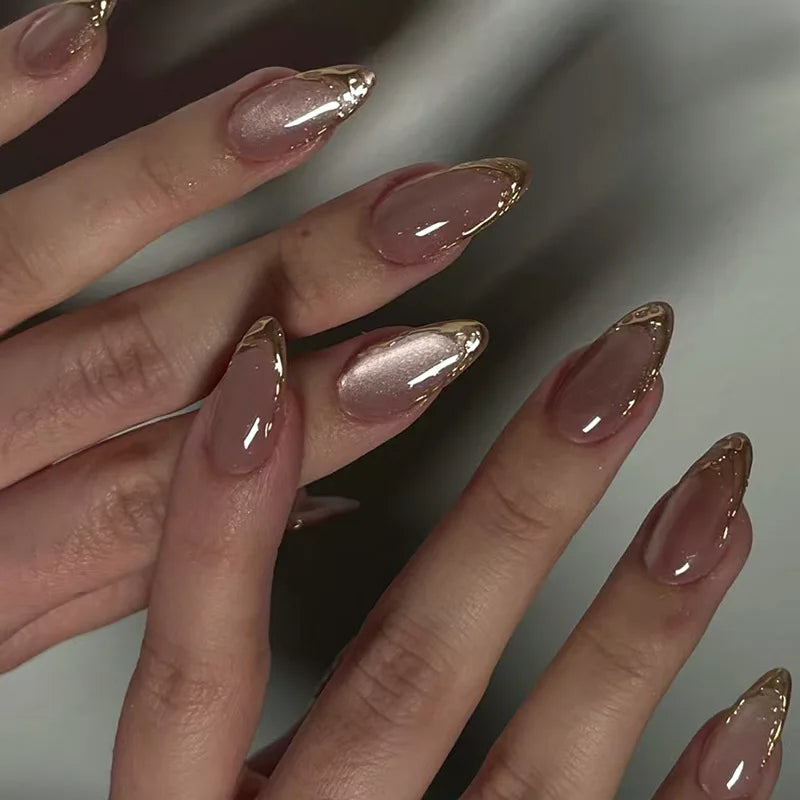 24Pcs Mid-length Almond Ballet False Nails Simple Cat Eye Design Press on Fake Nail Wearable Full Cover Nail Tips Manicure Tools