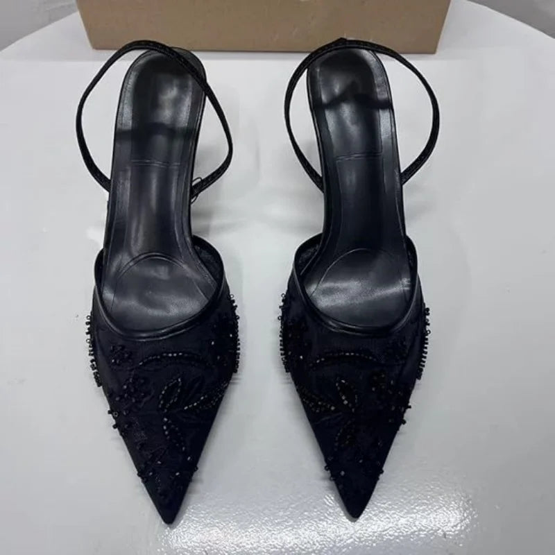 Women's Mesh Floral Embroidered Slingback High Heels Female Open Heel Pearl Studded Pointed Toe Sandals Sexy Stiletto Lady Mules