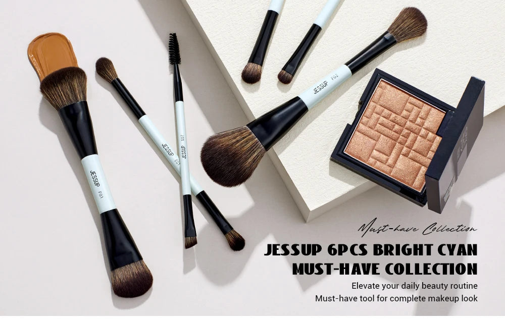 Jessup Makeup Brush Set Double Sided Makeup Brushes Foundation Contour Blush Blending Eyebrow Shadow,Fiber Bright Cyan T501