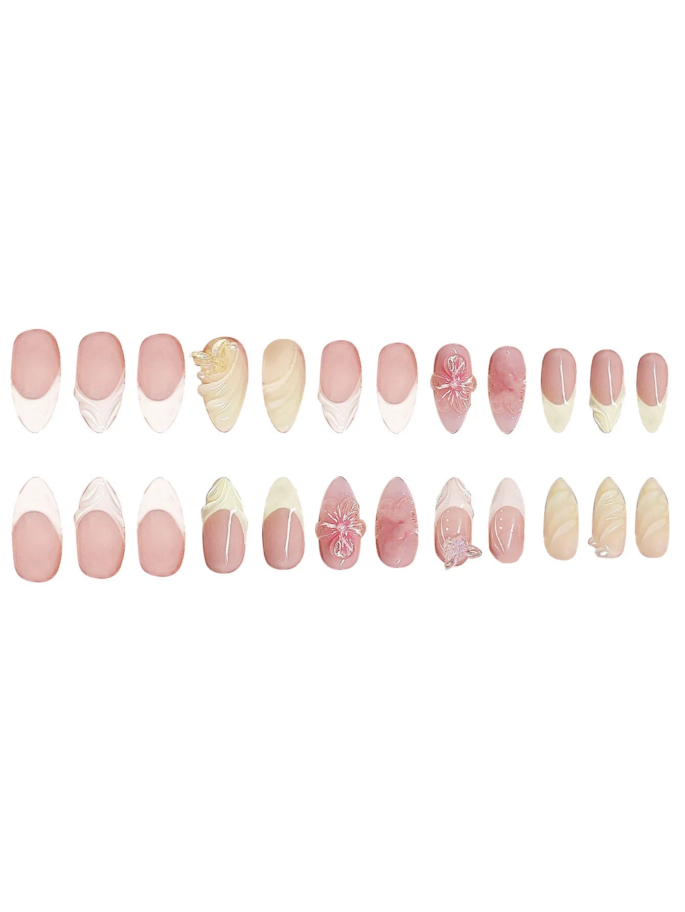 24Pcs Mid-length 3D Flowers Design Fingertips Sweet Butterfly Yellow Ripple Almond False Nails Detachable Full Cover Press Ons