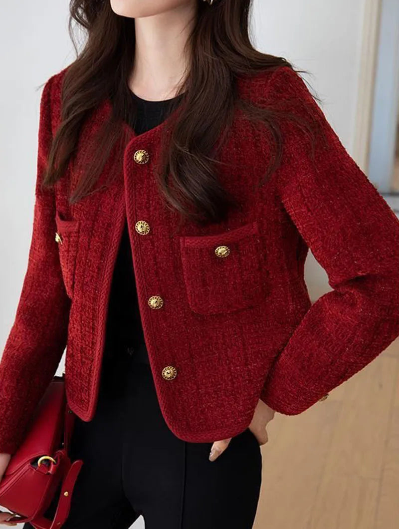 Lucyever Wine Red Tweed Coats Female 2025 Autumn Winter New Fashion Temperament Short Jacket Korean All-Match O-Neck Outerwear