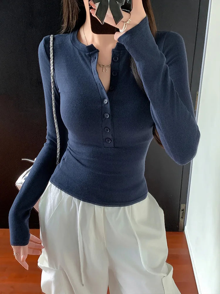 Solid Single Breasted Long Sleeve T-shirt Women Slim Fit Long Sleeve Tops 2025 Autumn Fashion Casual Basic T-shirt