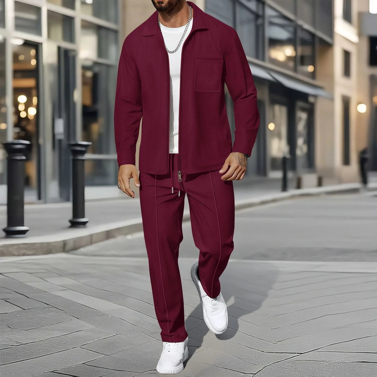 Men's autumn and winter waffle-pattern solid color zipped front pocket lapel fitted cardigan jacket set