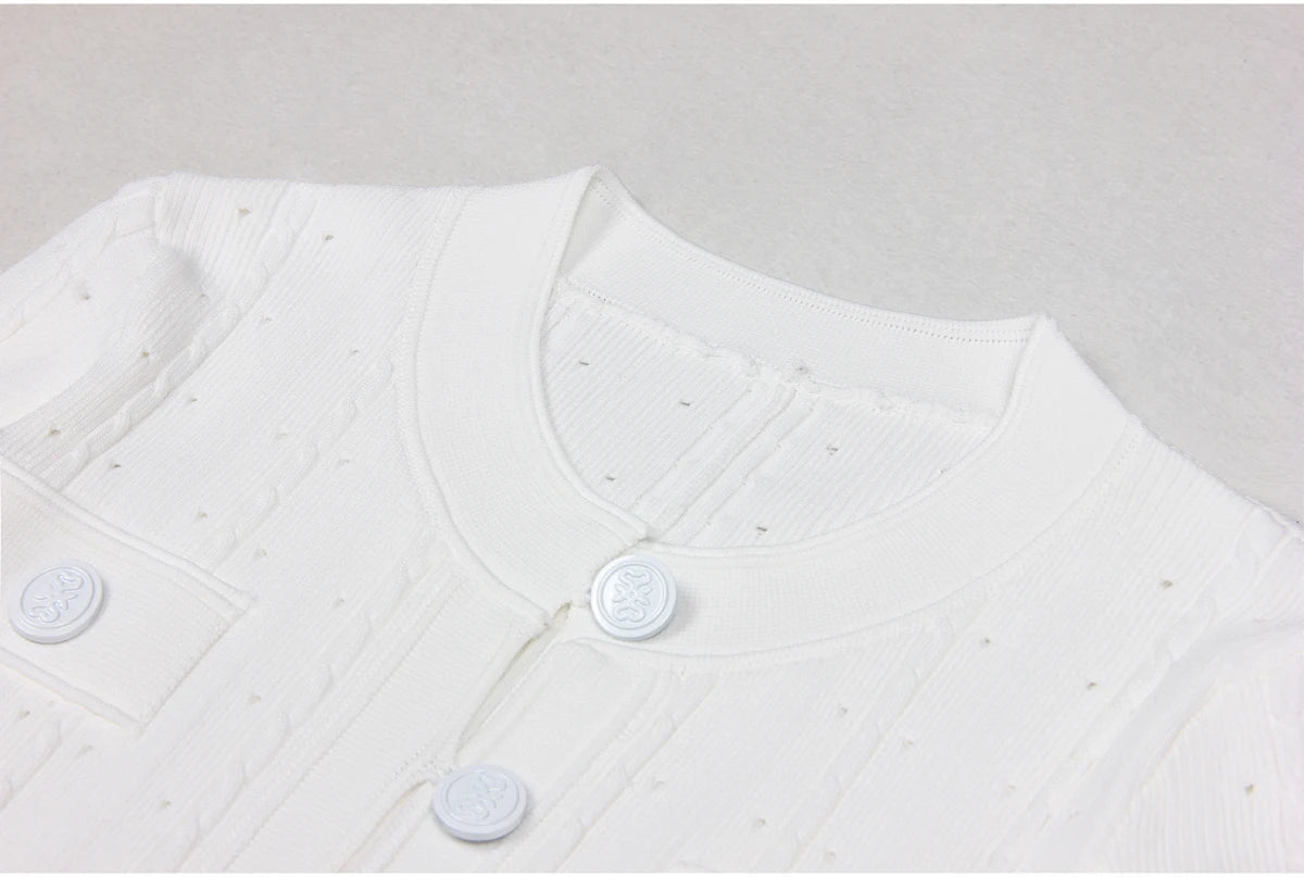 Three Color High-quality New Fashionable Elastic Knitted Hollow Round Neck Single Breasted Short Sleeved Slim Fit Women's Dress