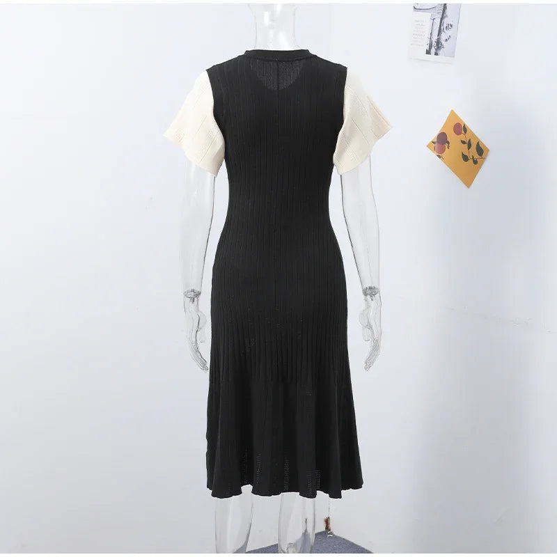 Knit Maxi Dress For Women Elegant Solid O-neck Single Breasted Short Sleeve Long Dresses Female 2025 Summer Fashion Lady Vestido