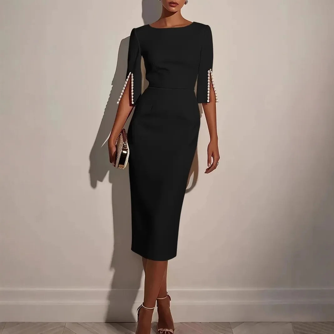 Women's Fashionable Solid Color Office Lady Half Sleeve Nail Bead Dress Women Round Neck Slim and Elegant Dress