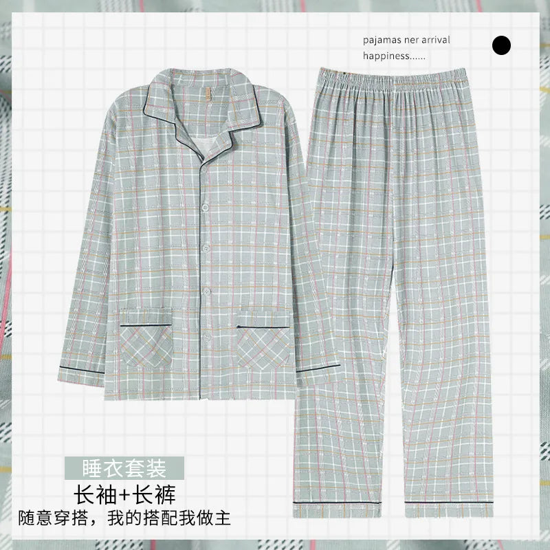 2023 Cotton Men's Cardigan Sleepwear Autumn Spring Long Sleeves Nightwear 2 Pieces Pajamas Set Male Plus Size 4XL 5XL Homewear