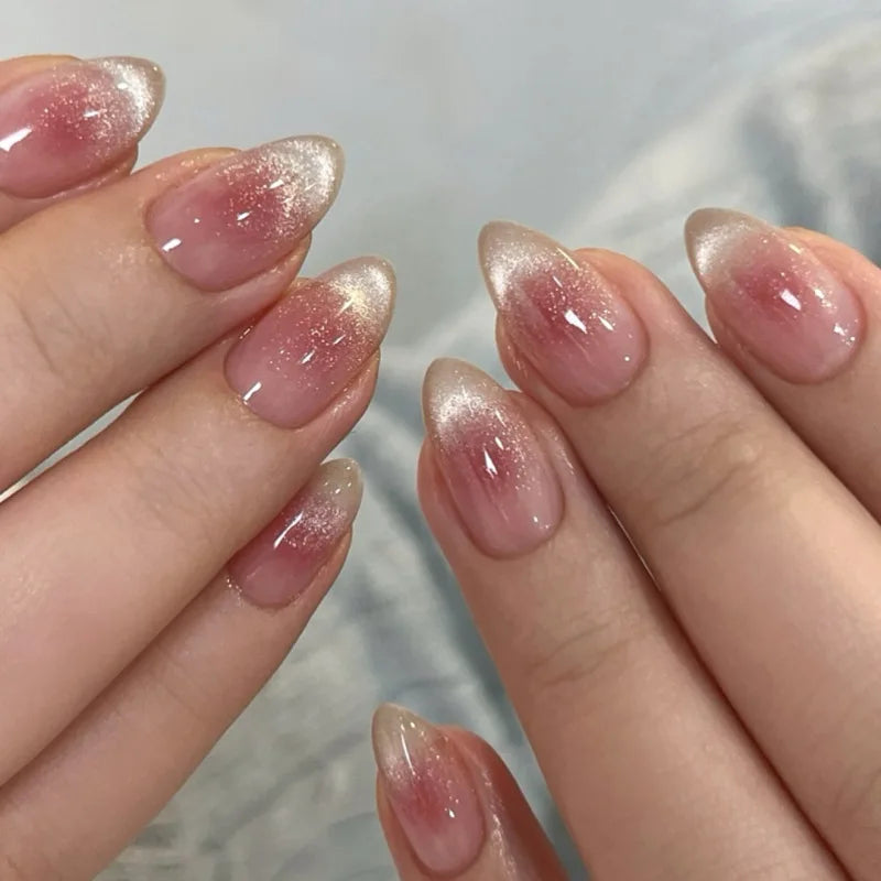 24pcs Blush Cat's Eye Press On Nails Flash Gold Powder French Style Short Almond False Nails Sweet Korean Summer Fake Nail Tips