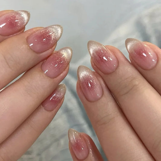 24pcs Blush Cat's Eye Press On Nails Flash Gold Powder French Style Short Almond False Nails Sweet Korean Summer Fake Nail Tips