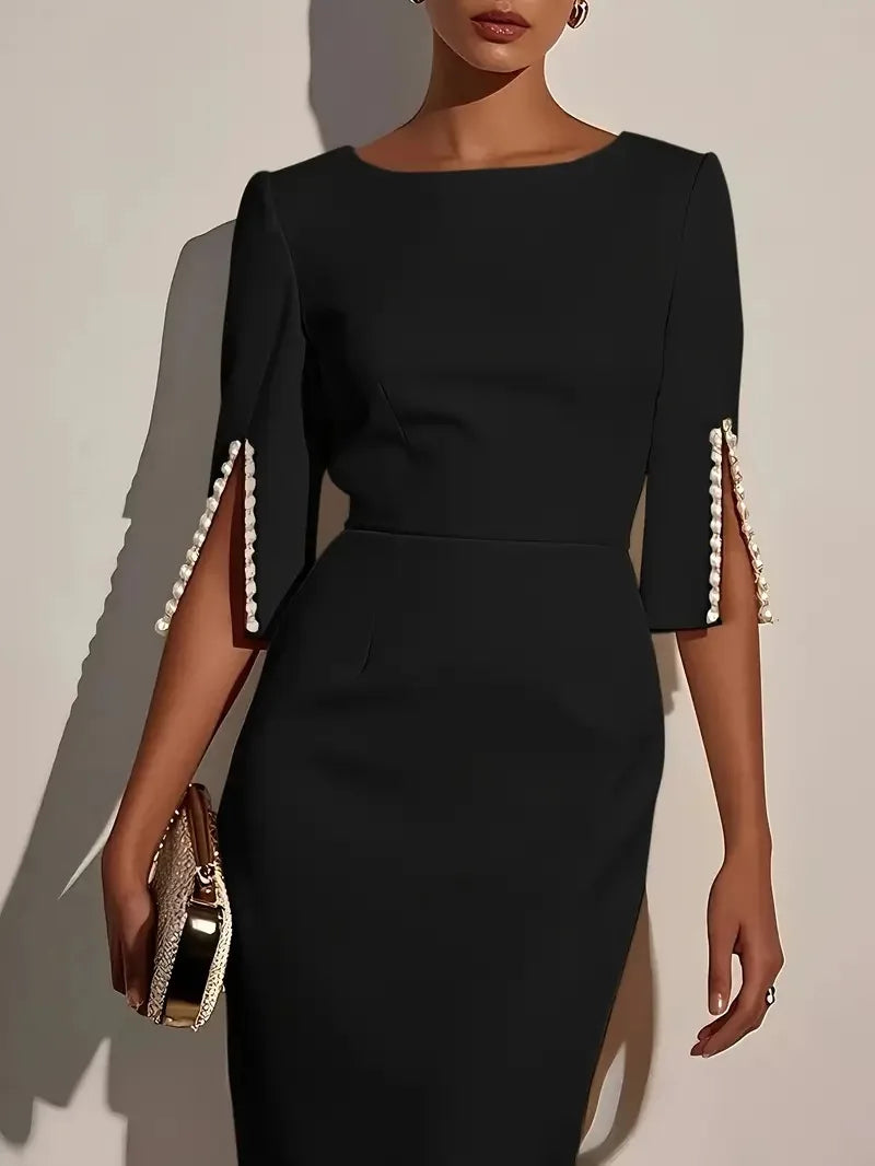 Women's Fashionable Solid Color Office Lady Half Sleeve Nail Bead Dress Women Round Neck Slim and Elegant Dress