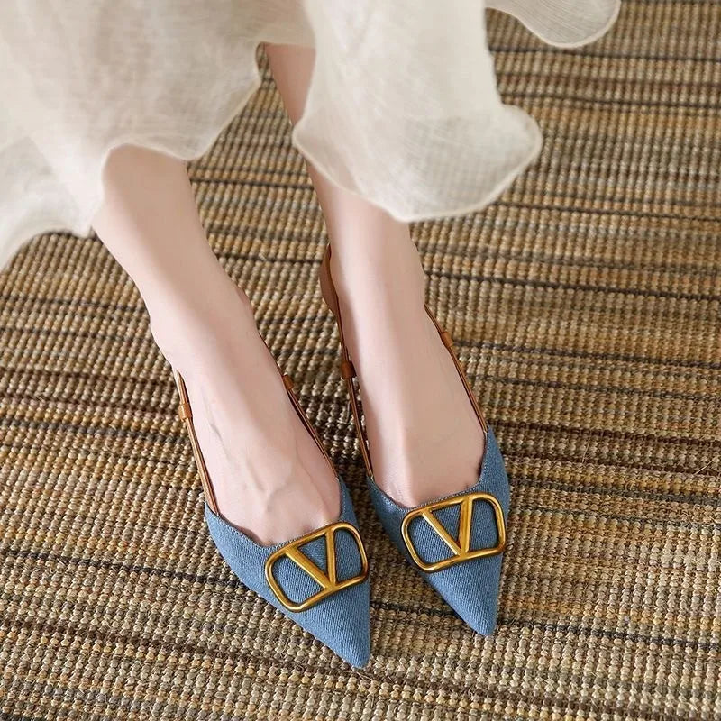 Baotou sandals female summer new 7cm fine with fashion sexy pointed head not tired feet outside wear denim high heels