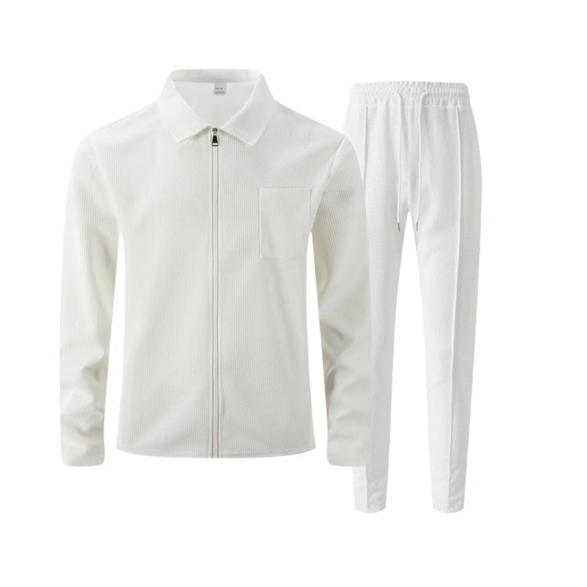 Men's autumn and winter waffle-pattern solid color zipped front pocket lapel fitted cardigan jacket set