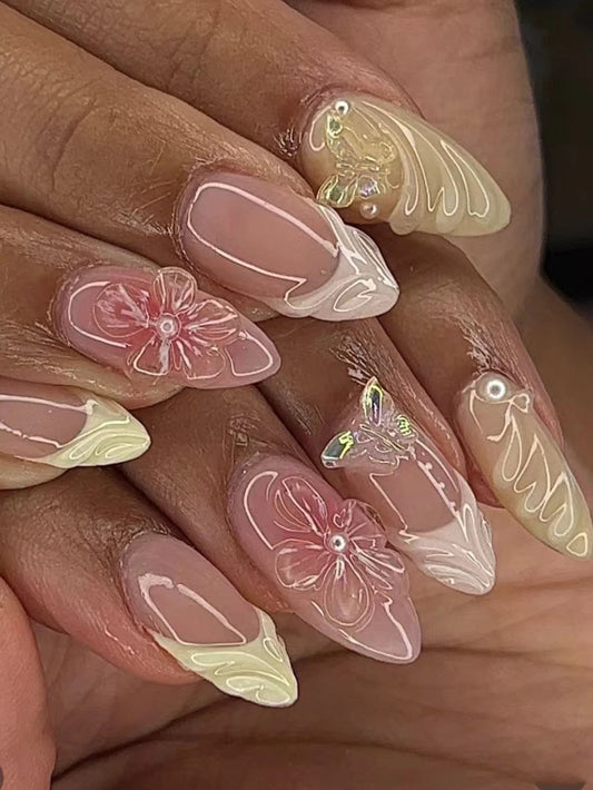 24Pcs Mid-length 3D Flowers Design Fingertips Sweet Butterfly Yellow Ripple Almond False Nails Detachable Full Cover Press Ons
