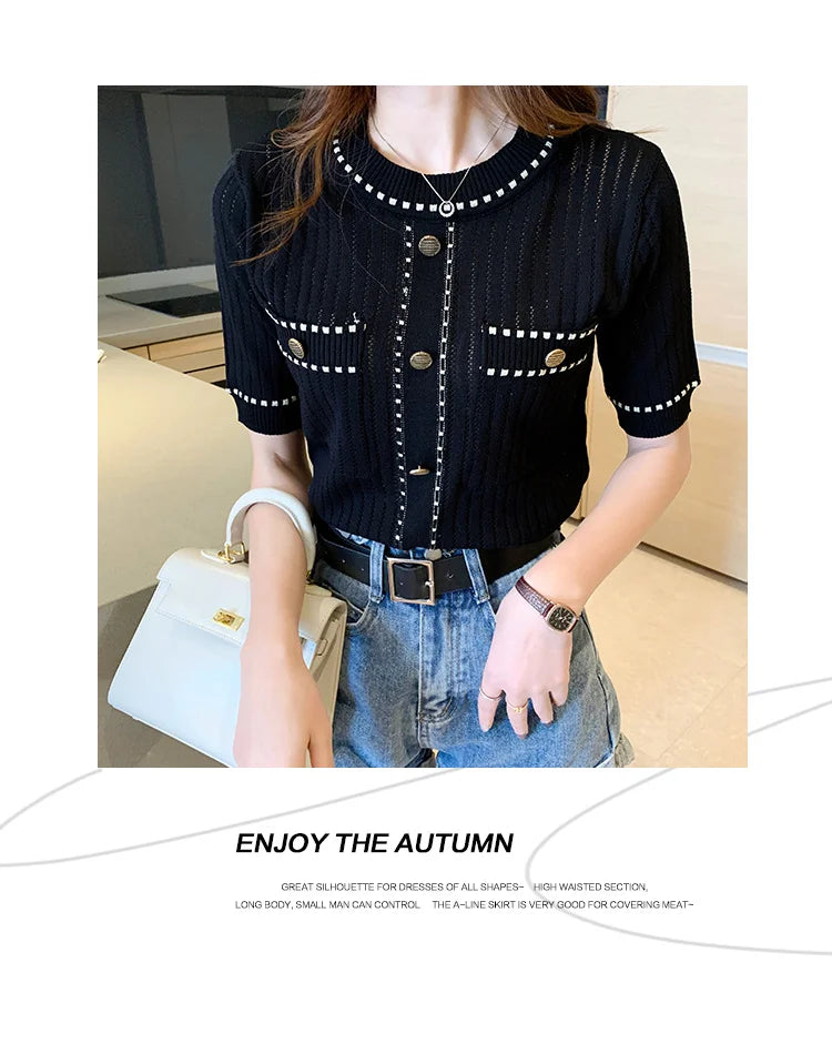 White Tshirt Women Summer 2024 Short Sleeve Top Ladies Pockets Basic T Shirts Knitted Casual Clothes Tee Shirt Femme
