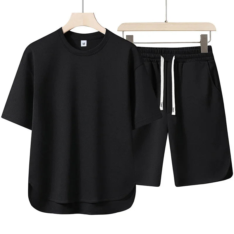 2025 Arc short-sleeved Set: Quality and Fashionable men's short-sleeved casual high-neck set + shorts, 2-piece set, high-quality